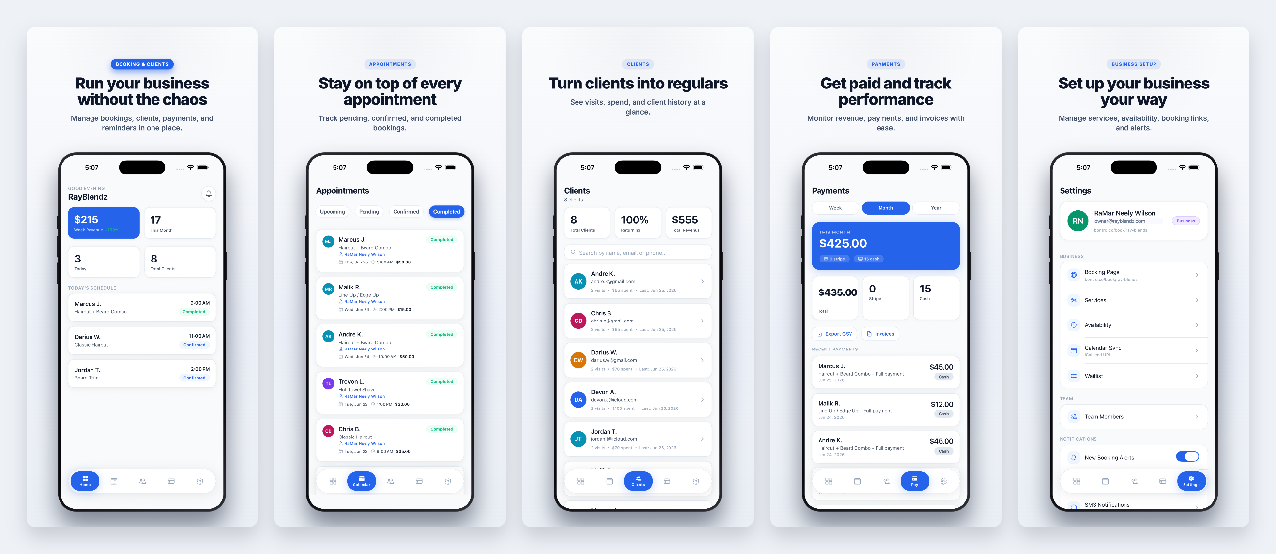Bontro mobile app — booking, appointments, clients, payments, and settings
